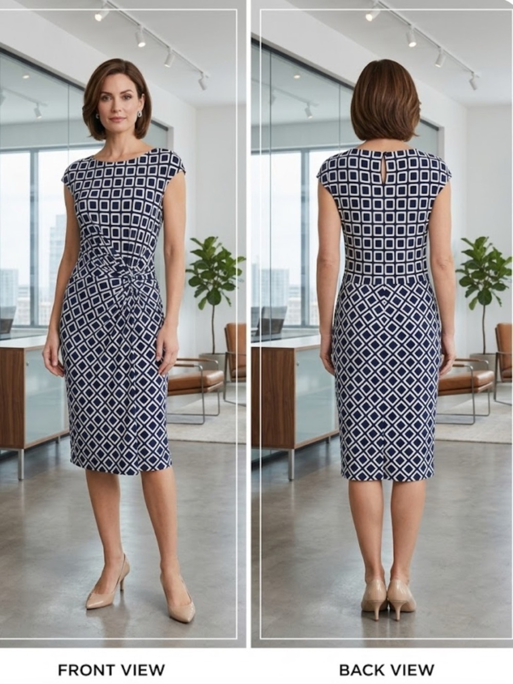 Lauren Ralph Lauren Geometric Twist Front Sheath Dress - Navy/White Size 16